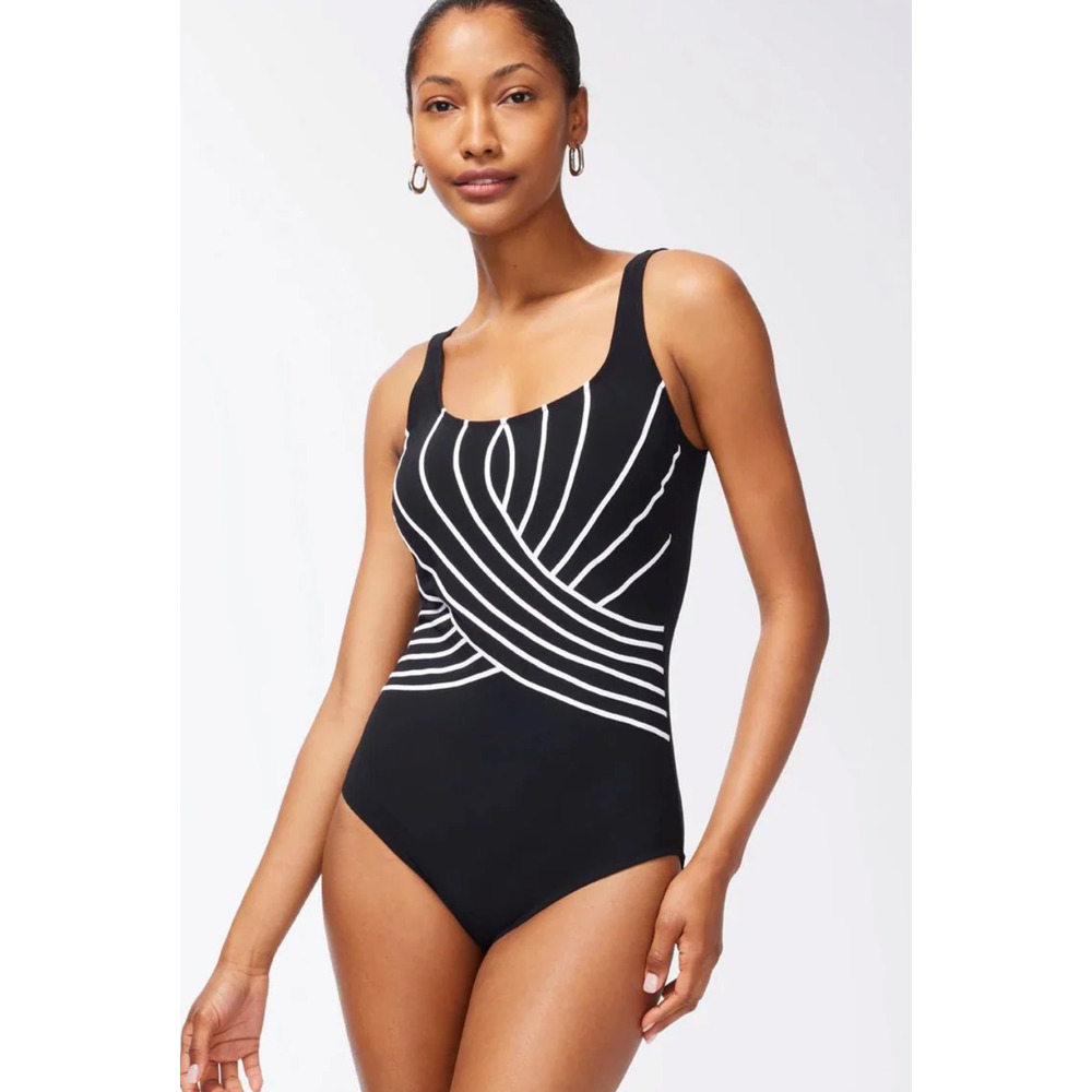 NEW GOTTEX BLACK WHITE EMBRACE SQUARE NECK ONE PIECE SWIMSUIT SZ 10
